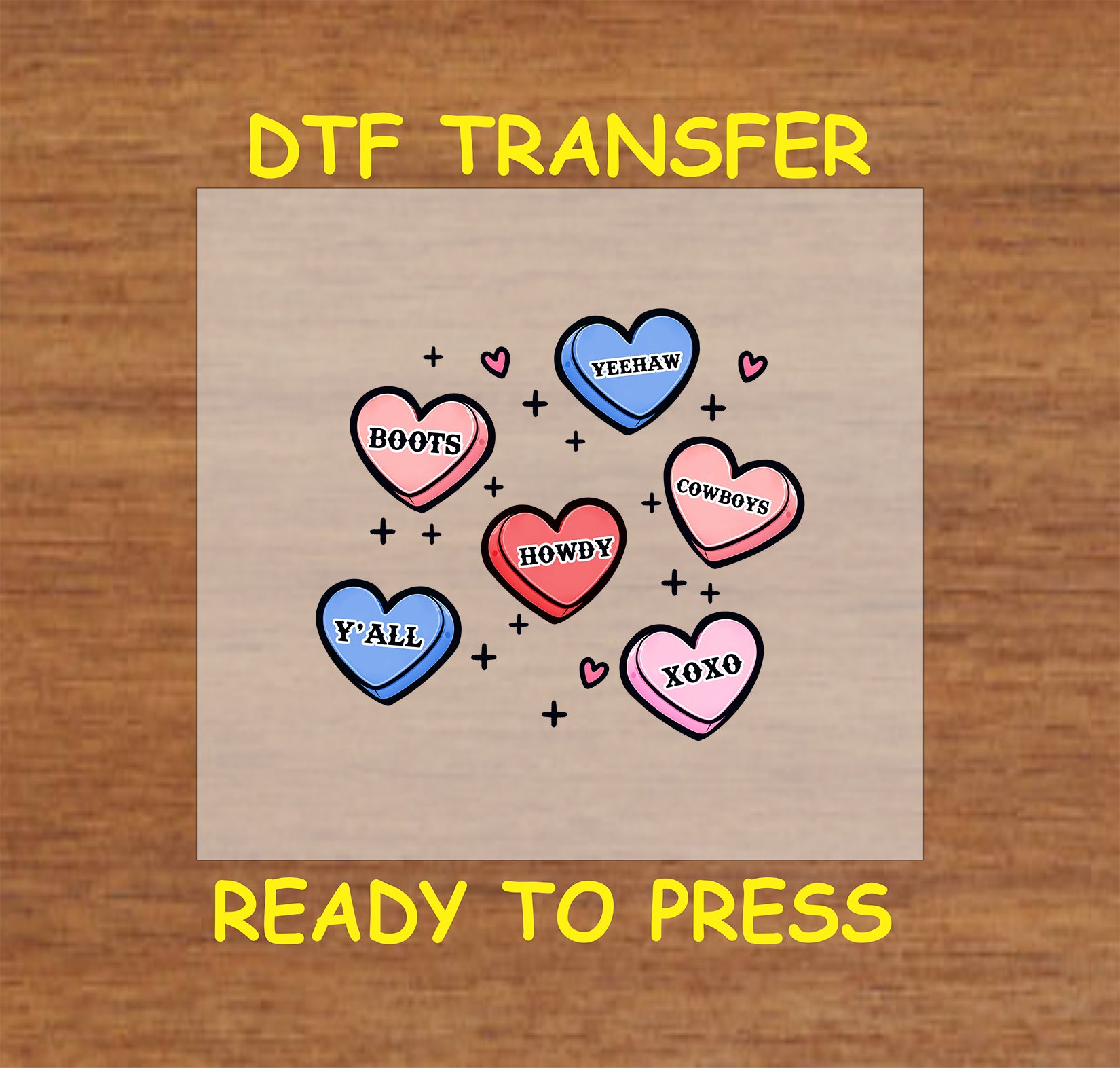 Western Hearts DTF Transfer featuring pastel-colored hearts with phrases like "Yeehaw," "Cowboys," and "Howdy."