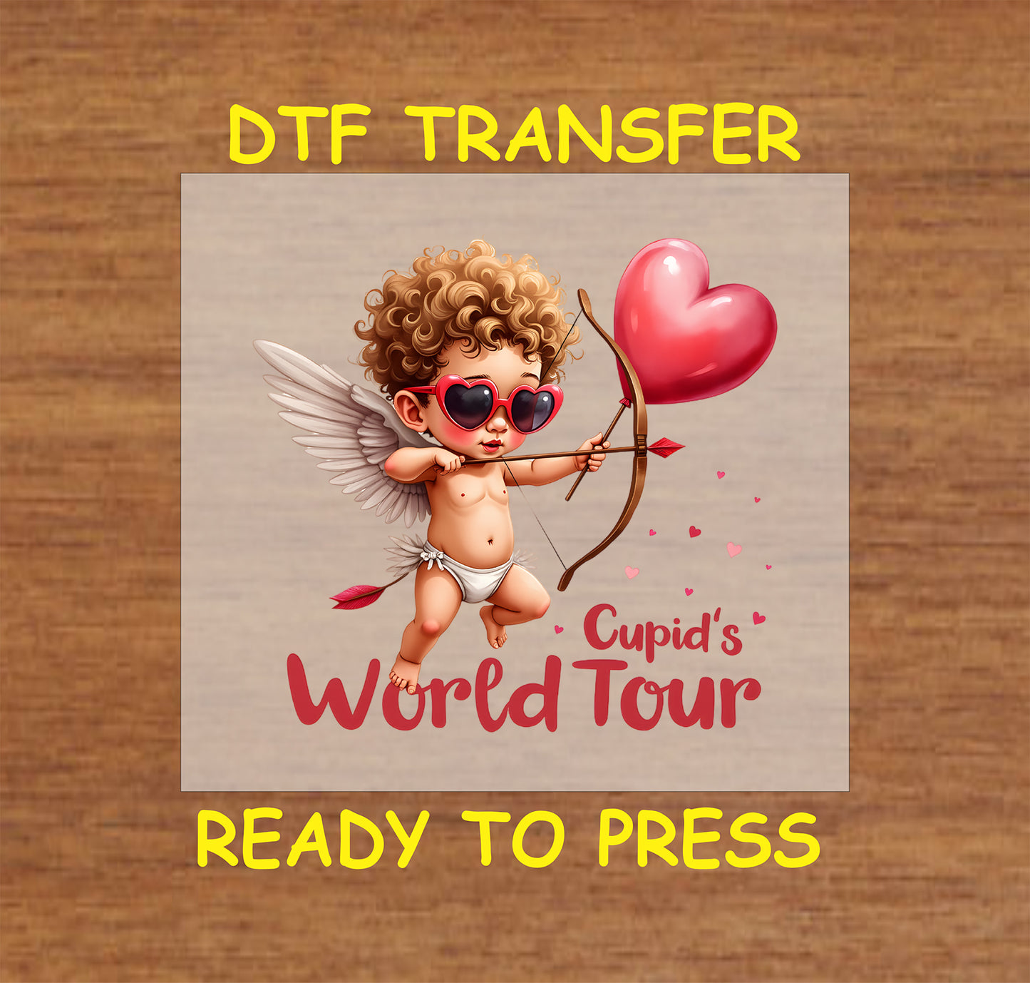 Cupid’s World Tour DTF Transfer featuring a cherubic Cupid with heart sunglasses and a bow aiming at a heart-shaped balloon, perfect for Valentine’s Day apparel.