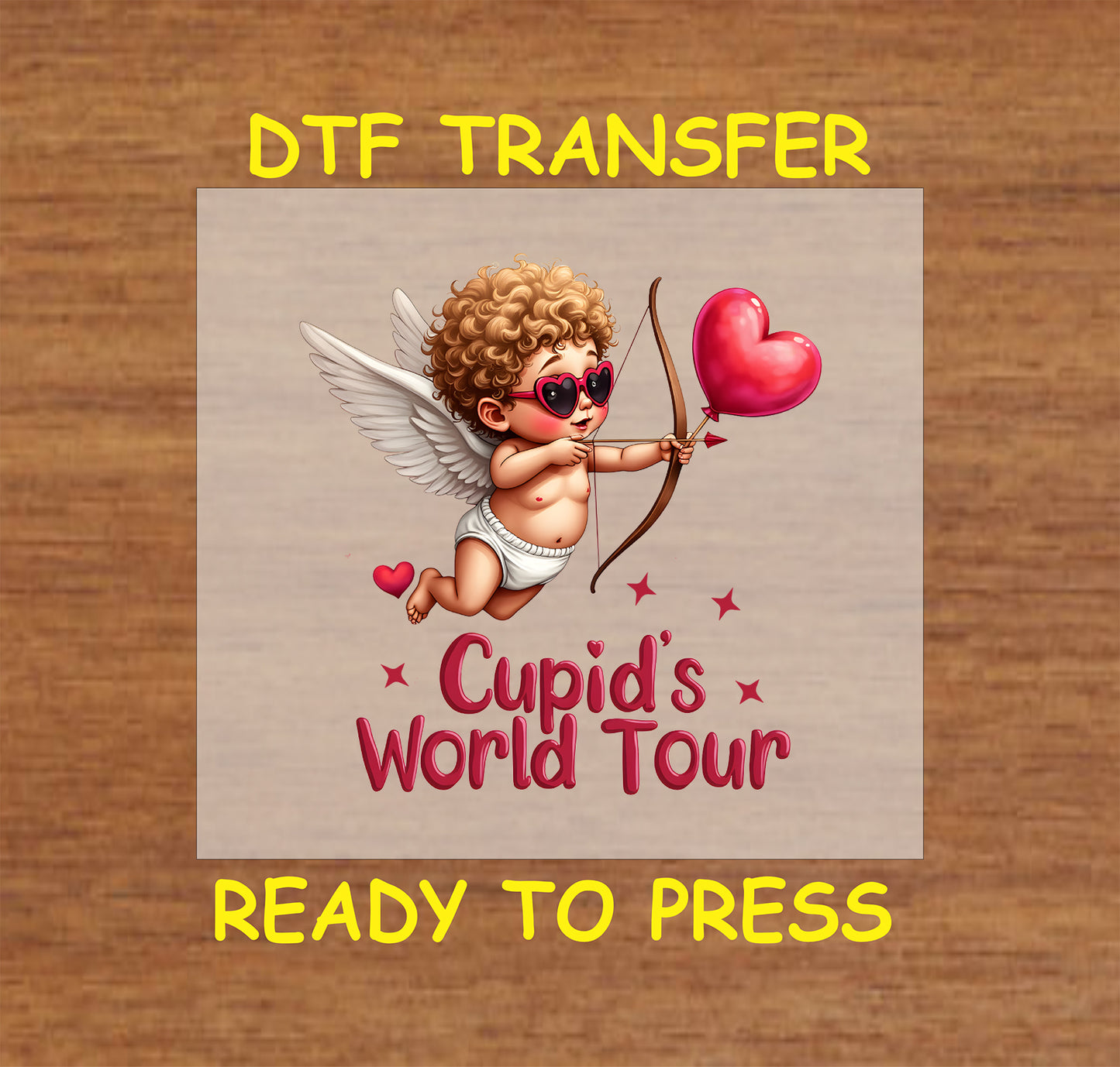 Cupid's World Tour DTF Transfer featuring a cute Cupid with sunglasses, bow, arrow, and heart-shaped balloon, perfect for Valentine’s Day apparel.