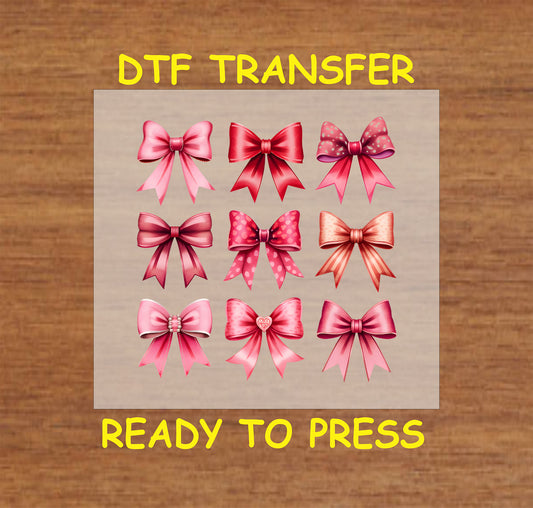 Pink Bow Collection DTF Transfer featuring nine unique bow designs in various shades and styles, perfect for Valentine’s crafts.