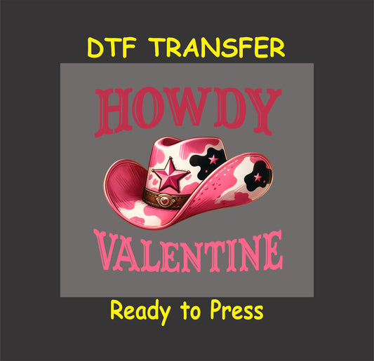 Howdy Valentine DTF Transfer with a pink camouflage cowboy hat and "Howdy Valentine" text, perfect for Western-themed Valentine crafts.