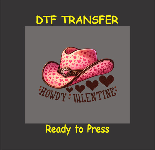 Howdy Valentine DTF Transfer featuring a pink cowboy hat with heart patterns, perfect for Western Valentine’s Day crafts.