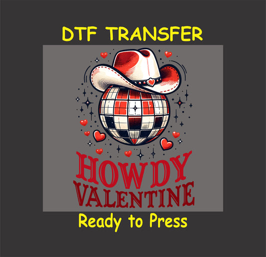 Howdy Valentine DTF Transfer with a red and white checkered disco ball, cowboy hat, and heart decorations for Valentine’s Day.