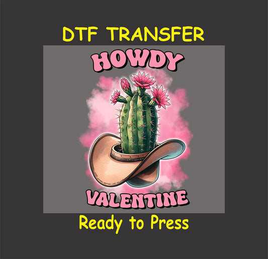 Howdy Cactus Valentine DTF Transfer with blooming cactus, cowboy hat, and pink accents, perfect for Valentine’s Day designs.