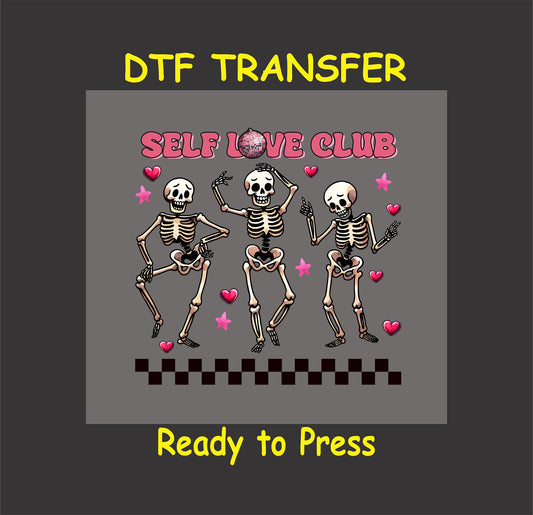 Dancing skeletons with pink hearts, stars, and a disco ball, featuring the phrase "Self Love Club" in bold pink text.