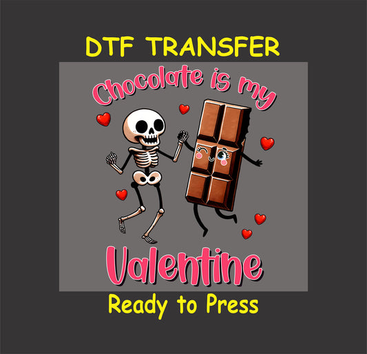 Dancing skeleton and animated chocolate bar with red hearts and the phrase "Chocolate is My Valentine."