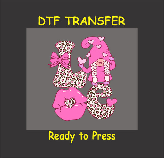 Valentine’s DTF transfer featuring a pink gnome and leopard-print "LOVE" letters with heart accents.