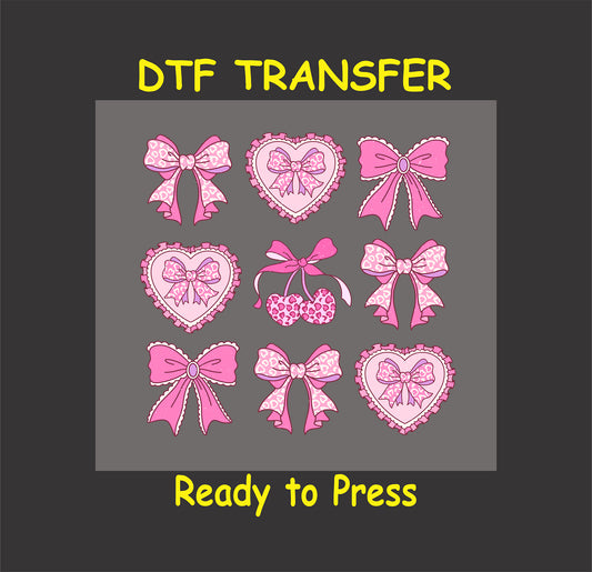 Valentine’s Day DTF transfer featuring pink hearts, bows, and lace accents in a ready-to-press format.