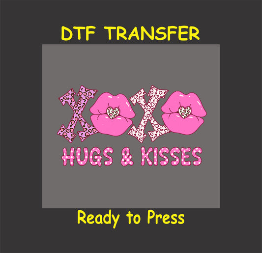 "XOXO Hugs & Kisses DTF Transfer" featuring leopard print text and pink lips design, ready to press.