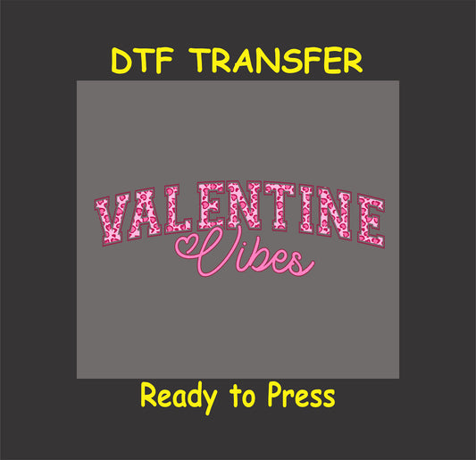 "Valentine Vibes" pink leopard print DTF transfer design with bold and stylish text.