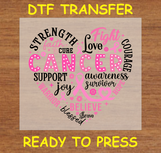 "Cancer Awareness Heart Words" DTF Transfer with empowering words and pink breast cancer ribbon.