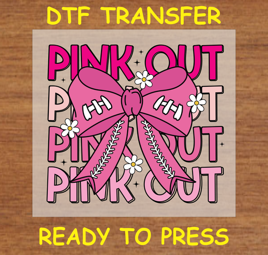 "Pink Out Bow" DTF Transfer featuring a large pink football-inspired bow and daisies.