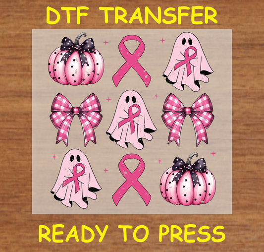 Breast Cancer Awareness Bundle DTF Transfer with ribbons, bows, pumpkins, and ghost designs.