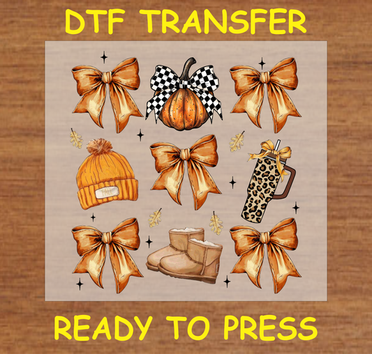 Fall Bows and Cozy Accessories DTF Transfer with bows, pumpkins, boots, and fall-themed accessories.