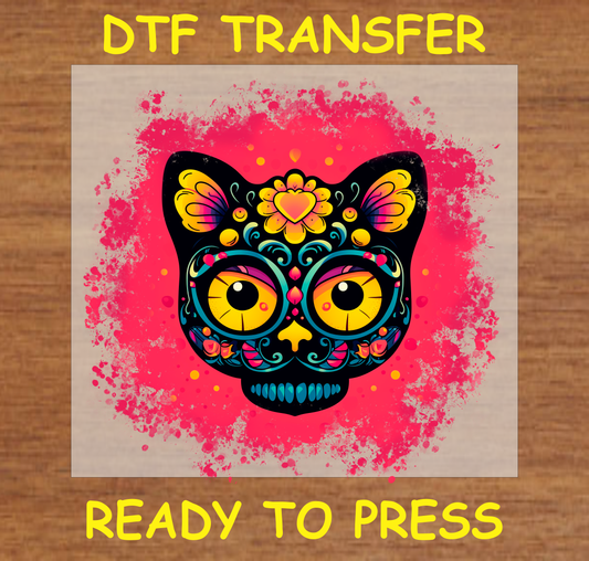 Día de los Muertos DTF transfer featuring a colorful cat face with bold accents on a vibrant background