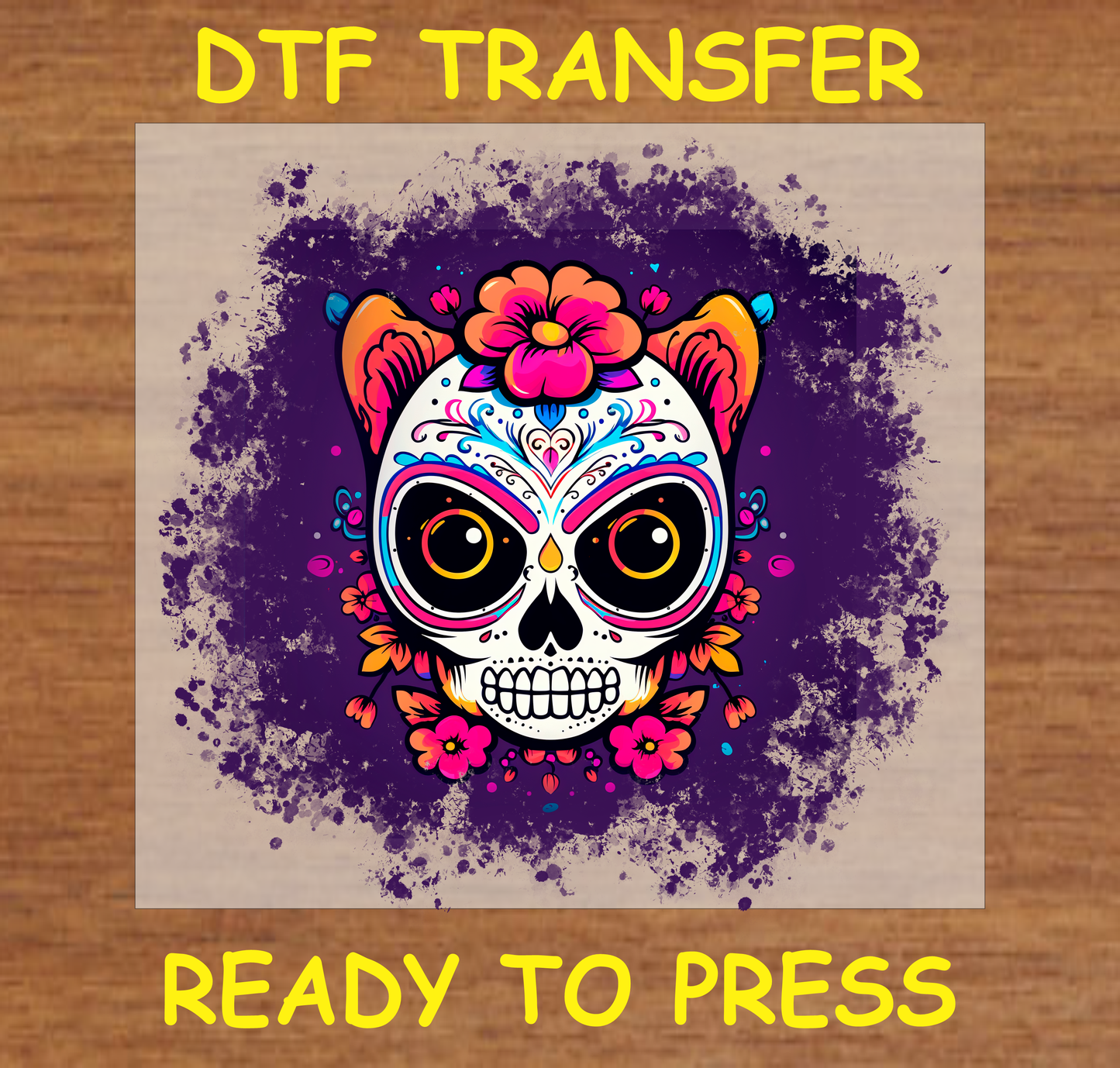 Día de los Muertos DTF transfer featuring a colorful skull with floral accents on a bold background