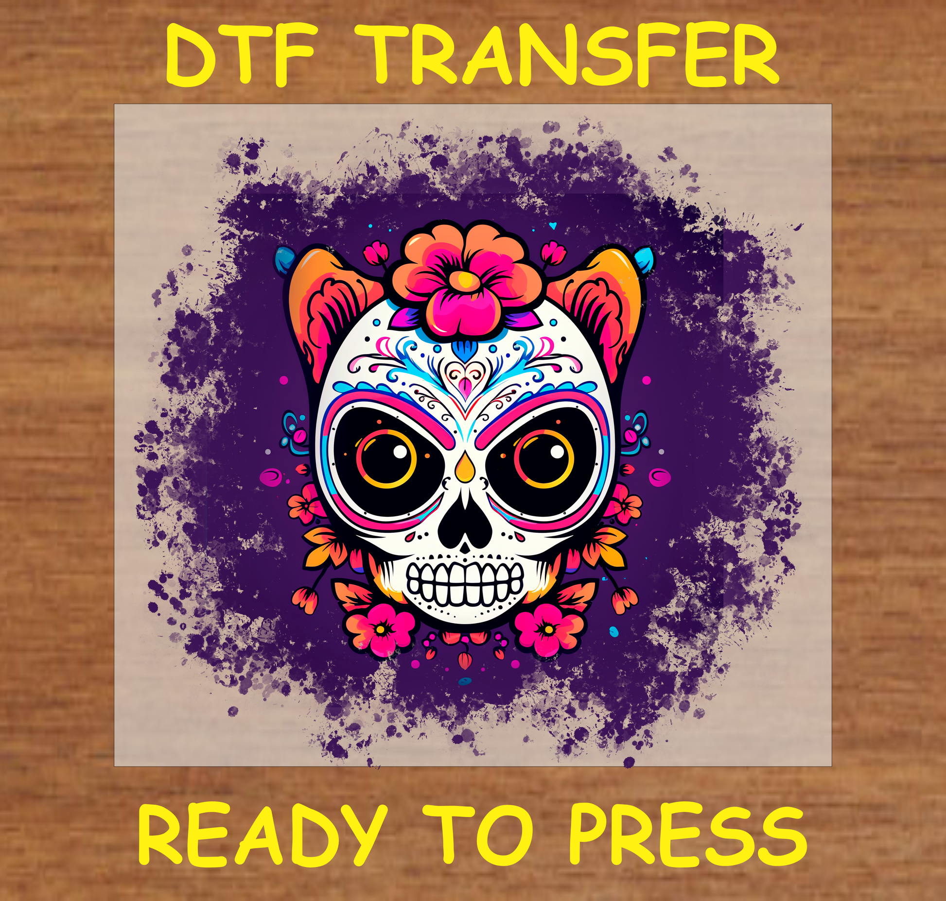 Día de los Muertos DTF transfer featuring a colorful skull with floral accents on a bold background