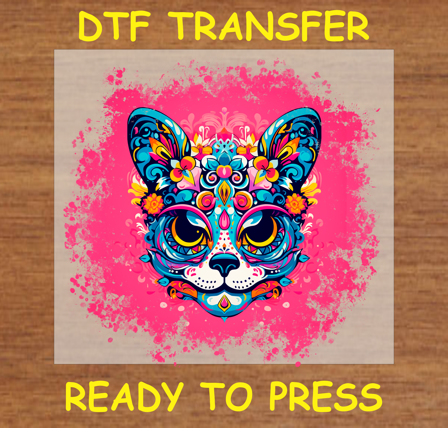 Día de los Muertos DTF transfer featuring a colorful cat face with floral accents on a vibrant background