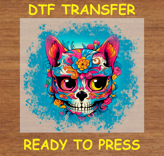 Día de los Muertos DTF transfer featuring a colorful cat face with floral patterns on a vibrant background