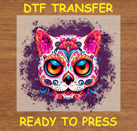 Día de los Muertos DTF transfer featuring a colorful cat face with bold floral accents