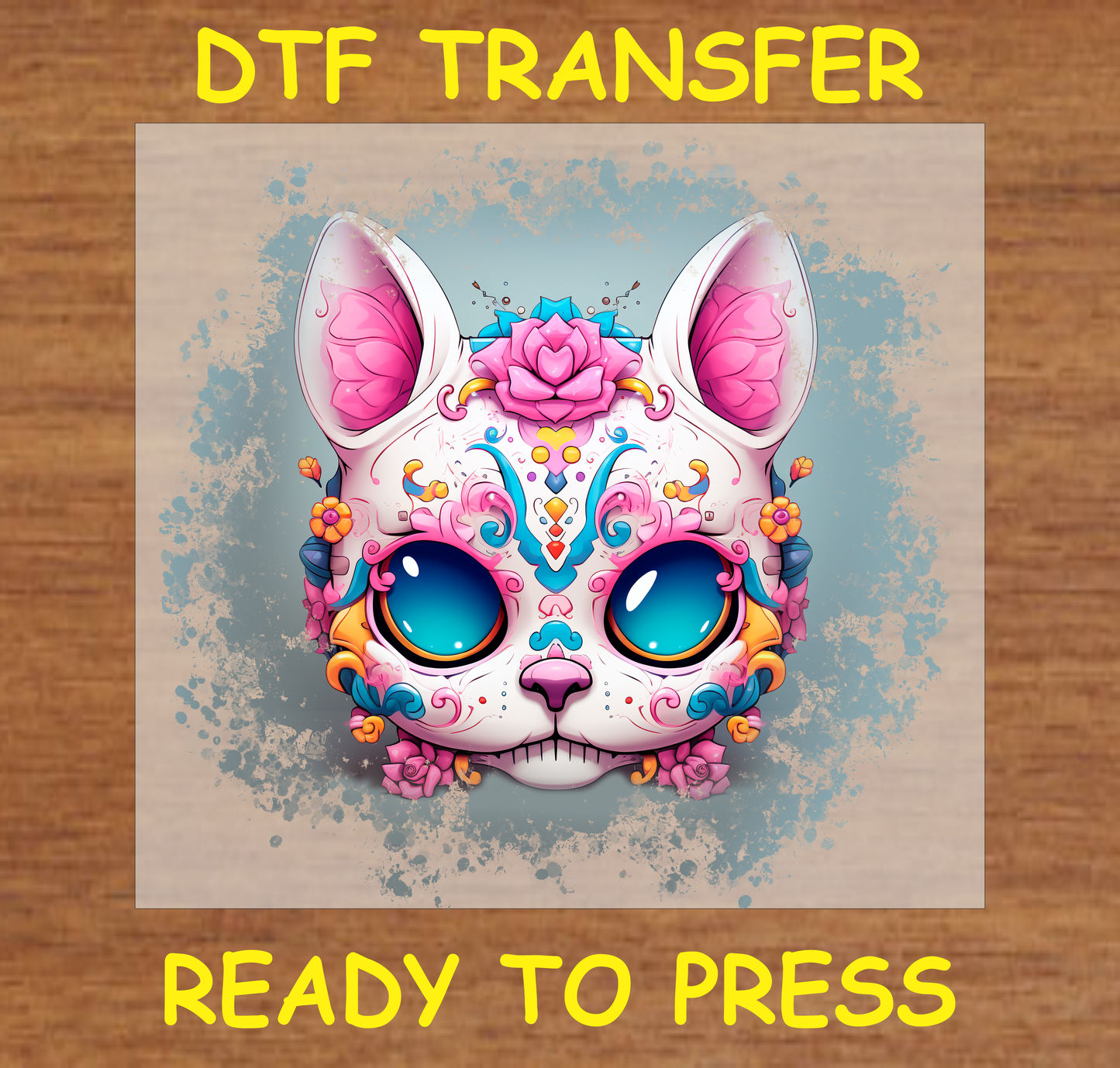 Día de los Muertos DTF transfer featuring a colorful cat face with floral patterns and large blue eyes