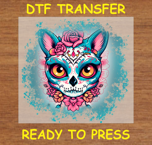 Día de los Muertos DTF transfer featuring a colorful cat face with floral patterns and bright eyes