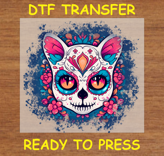 Día de los Muertos DTF transfer featuring a colorful cat face with intricate floral patterns and bold accents