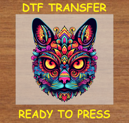 Día de los Muertos DTF transfer featuring a vibrant cat face with bold, intricate details