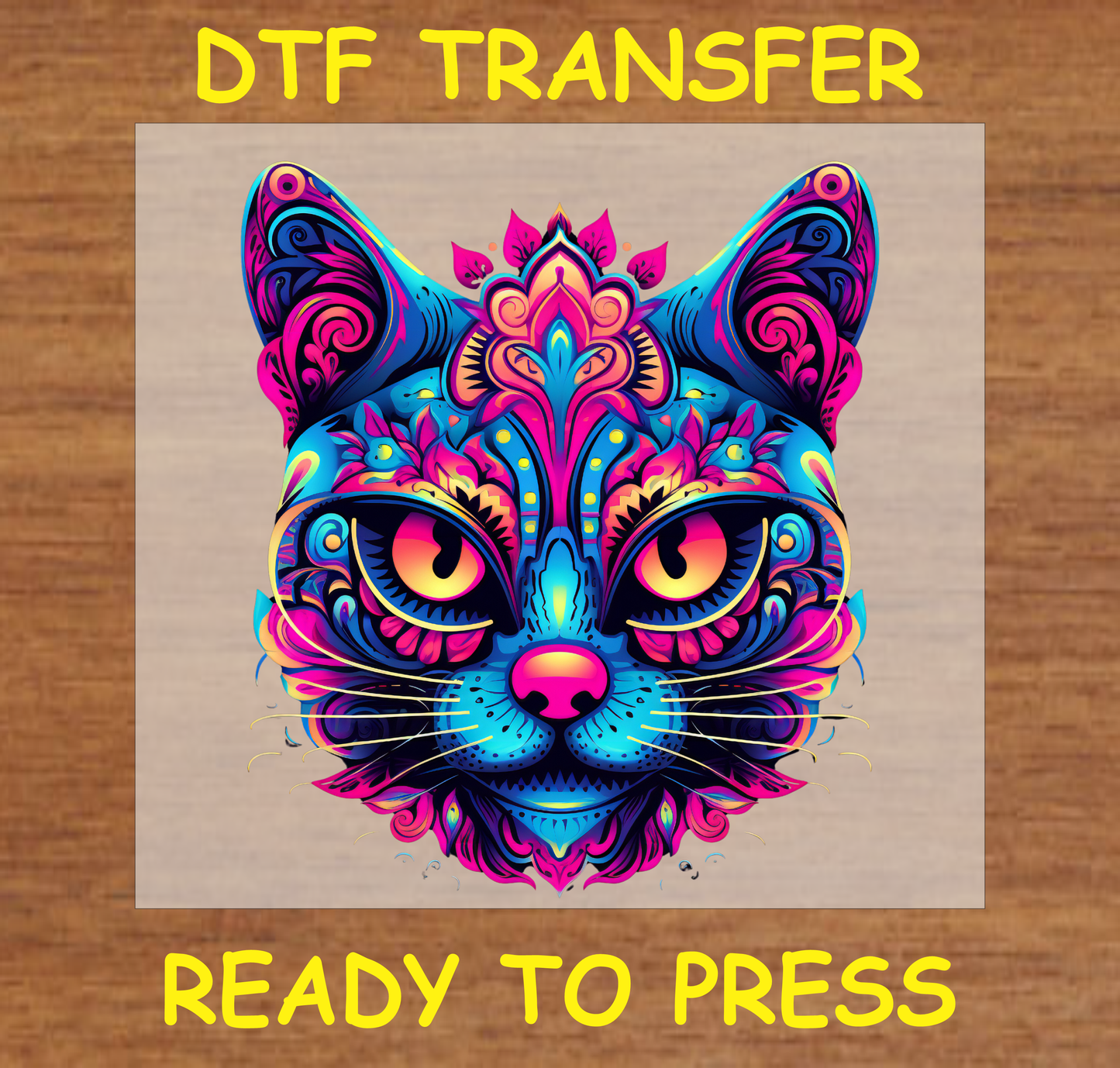 Día de los Muertos DTF transfer featuring a colorful cat face with intricate details