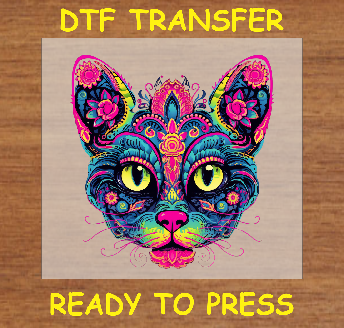 Día de los Muertos DTF transfer featuring a colorful cat face with intricate floral patterns and bold accents