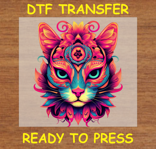 Día de los Muertos DTF transfer featuring a colorful cat face with intricate floral details and bright colors