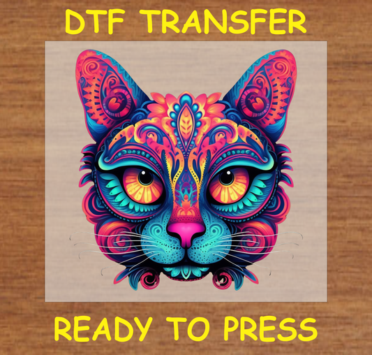 Día de los Muertos DTF transfer featuring a colorful cat face with intricate details and bold colors