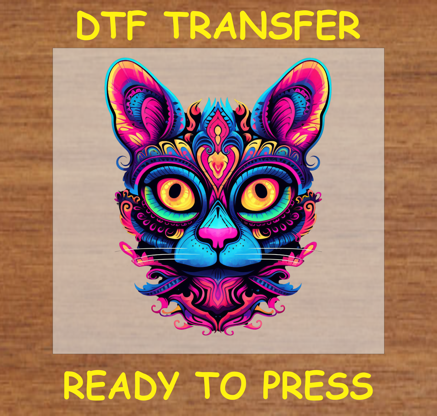 Día de los Muertos DTF transfer featuring a colorful cat face with bold, intricate details