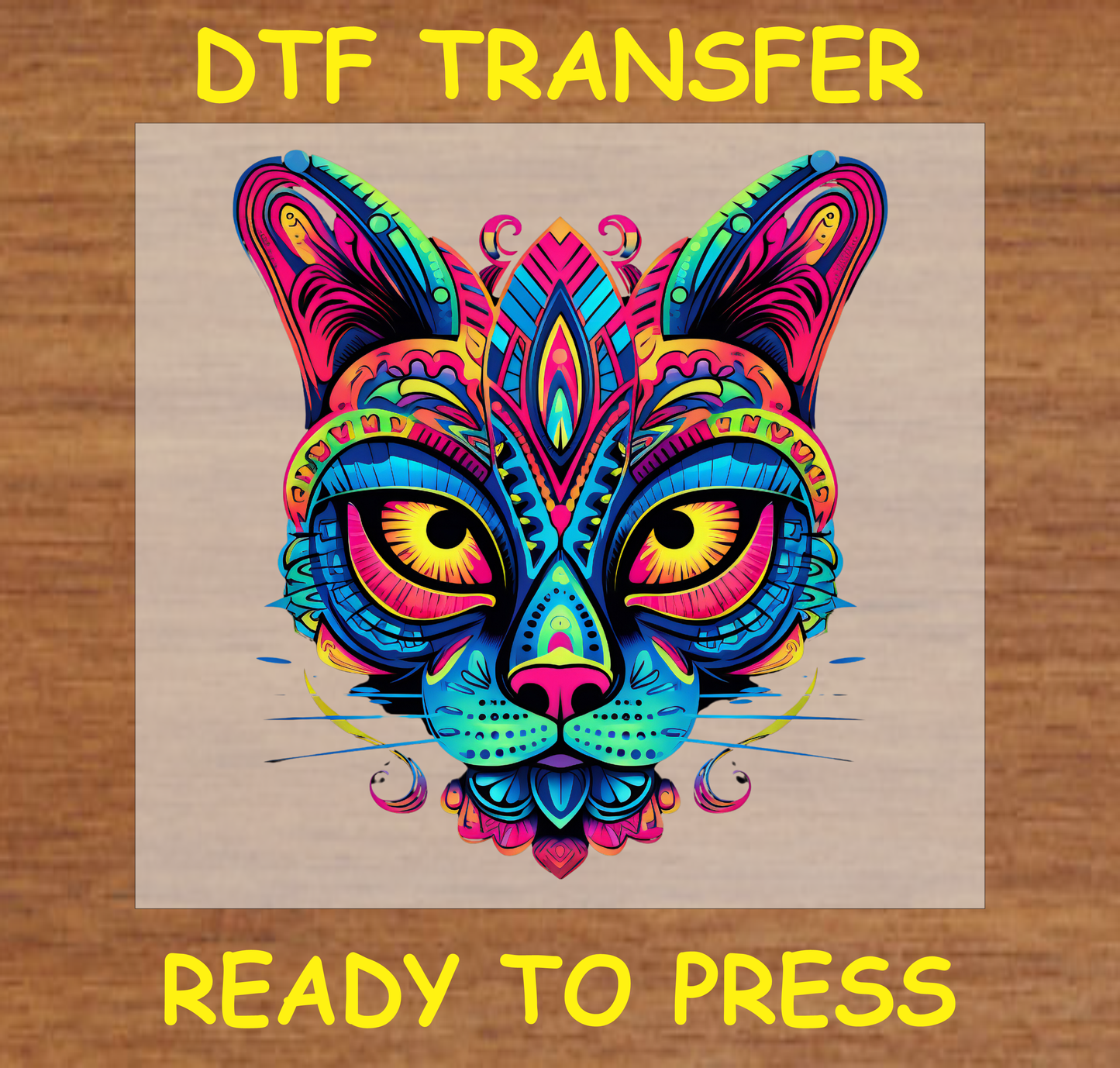 Día de los Muertos DTF transfer featuring a colorful cat face with bold patterns and intricate details