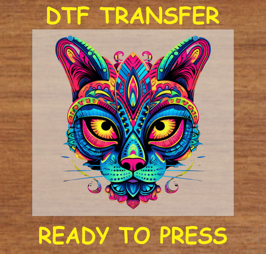 Día de los Muertos DTF transfer featuring a colorful cat face with bold patterns and intricate details