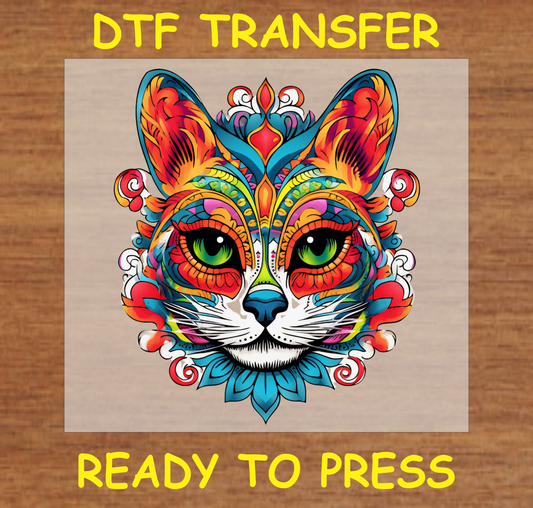 Vibrant Floral Cat Face with Green Eyes Día de los Muertos DTF Transfer - Ready to Press 314