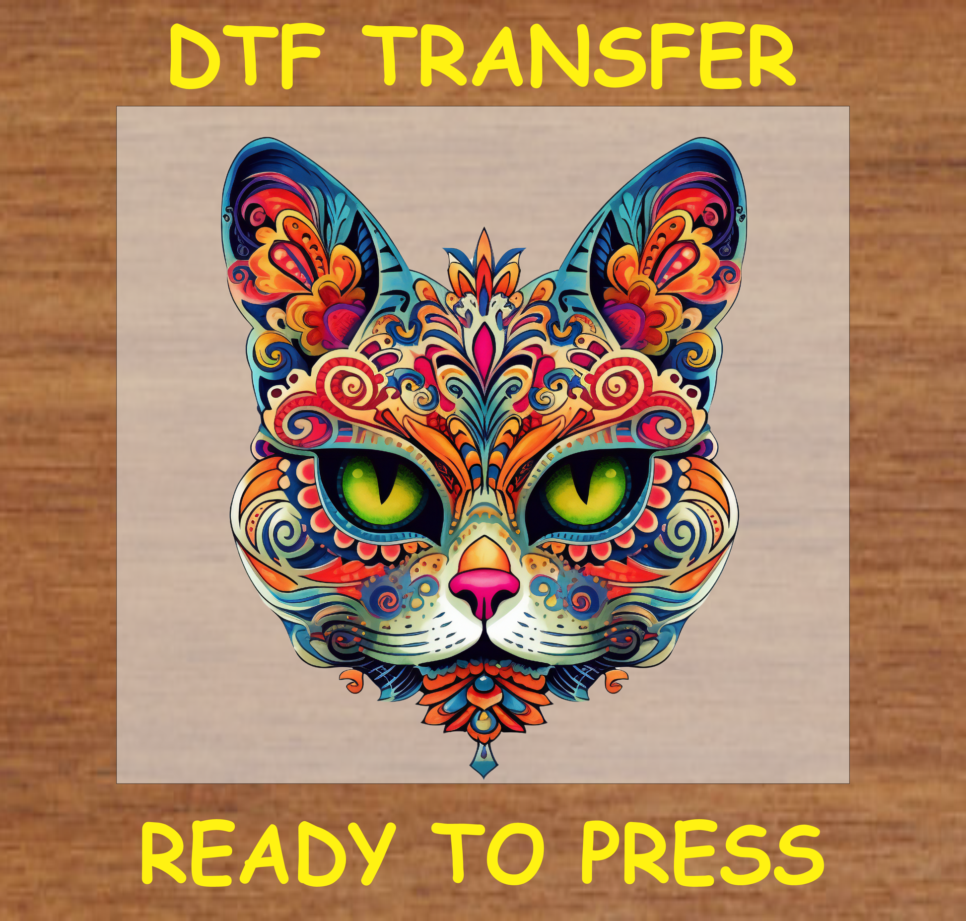 Día de los Muertos DTF transfer featuring a colorful cat face with green eyes and floral patterns