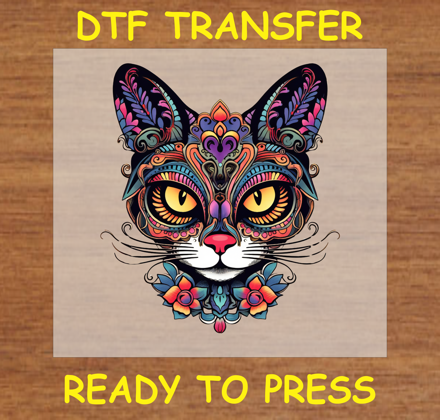 Día de los Muertos DTF transfer featuring a colorful cat face with yellow eyes and intricate floral patterns