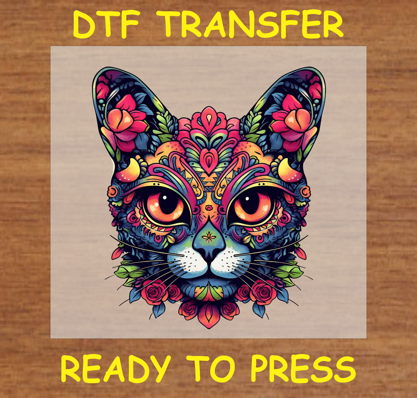 Día de los Muertos DTF transfer featuring a colorful cat face with floral patterns and striking eyes