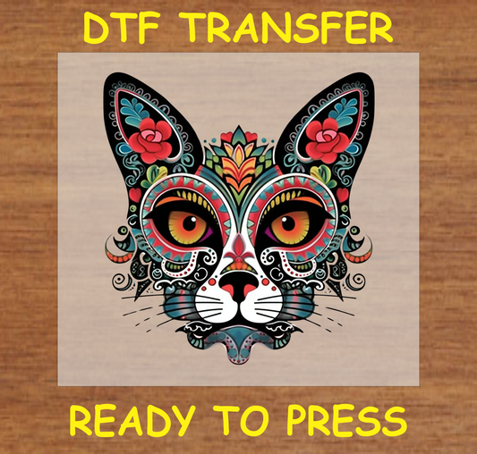 Día de los Muertos DTF transfer featuring a colorful cat face with floral patterns