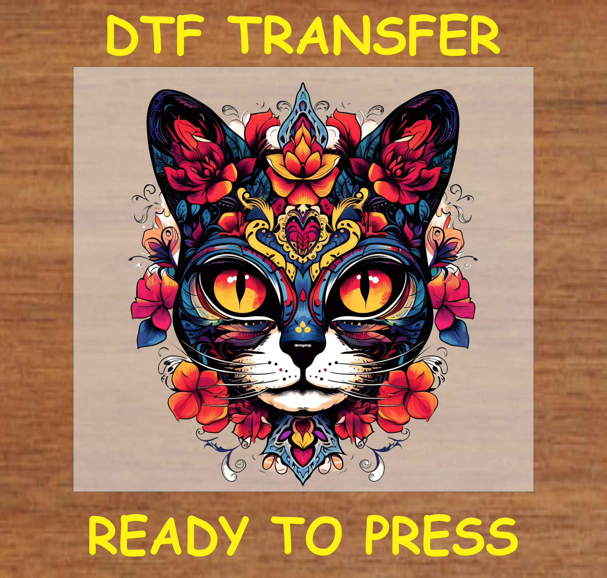 Día de los Muertos DTF transfer featuring a cat face with bright yellow eyes and intricate floral patterns.