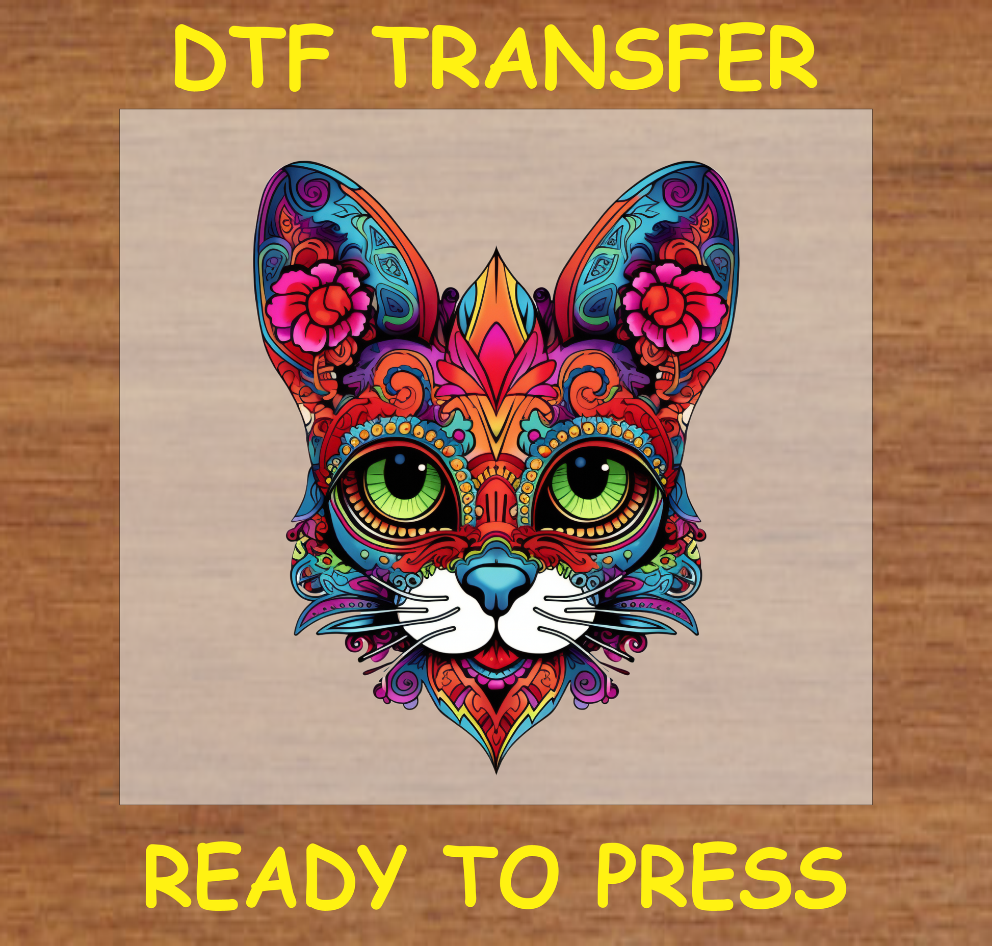 Vibrant floral cat face DTF transfer with colorful and intricate patterns, ready to press.