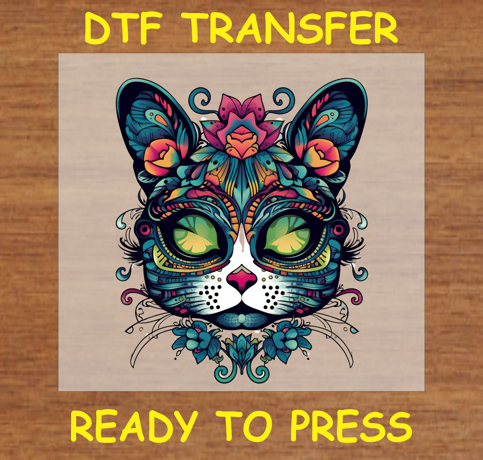 Vibrant Floral Cat Face DTF Transfer - Ready to Press, colorful cat design with detailed floral patterns