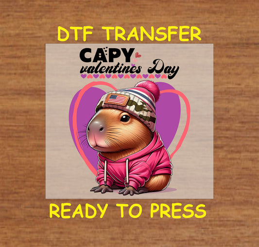 "DTF transfer featuring a capybara in a pink hoodie and camo beanie with an American flag patch, against a purple Valentine's Day heart background."