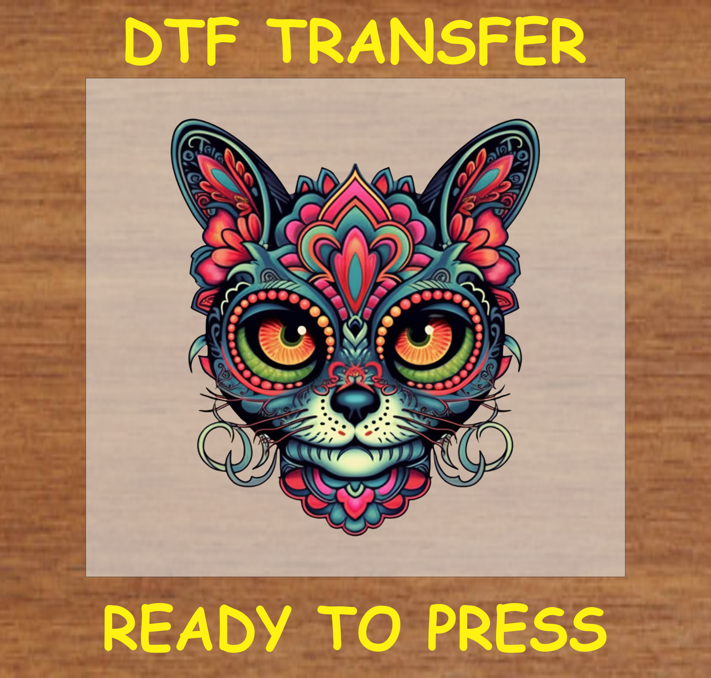 Mandala Cat Face DTF Transfer - Ready to Press, intricate and colorful cat design with mandala-inspired details