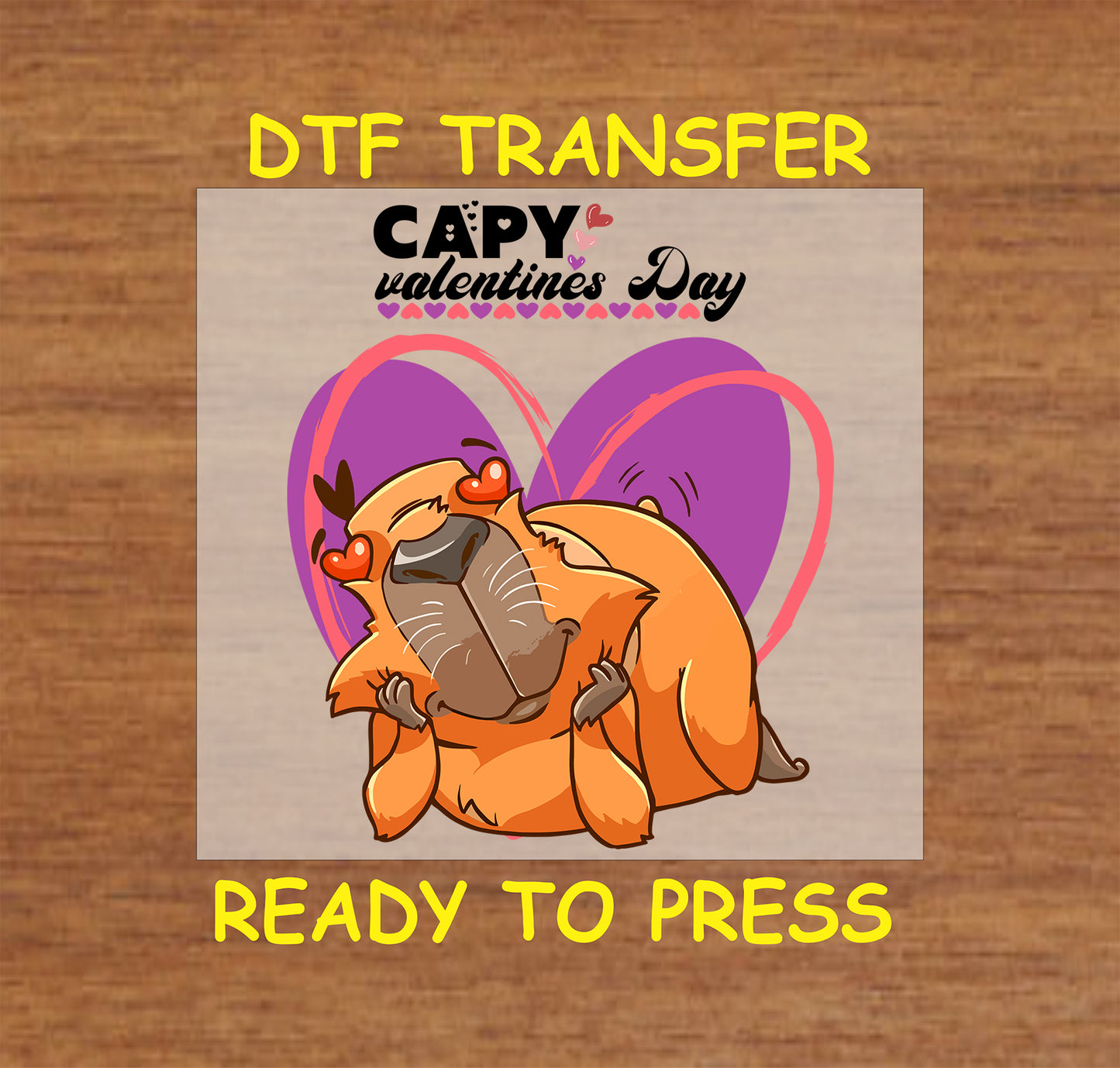 "DTF transfer featuring a playful capybara with heart-shaped eyes, set against a Valentine’s Day-themed purple heart background."