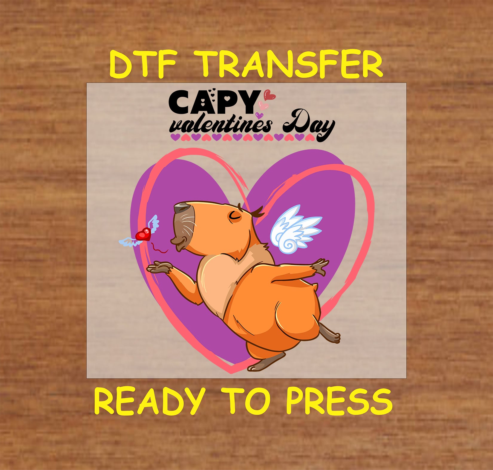 "DTF transfer featuring a capybara Cupid with angel wings and a heart arrow, set against a Valentine's Day-themed purple heart background."