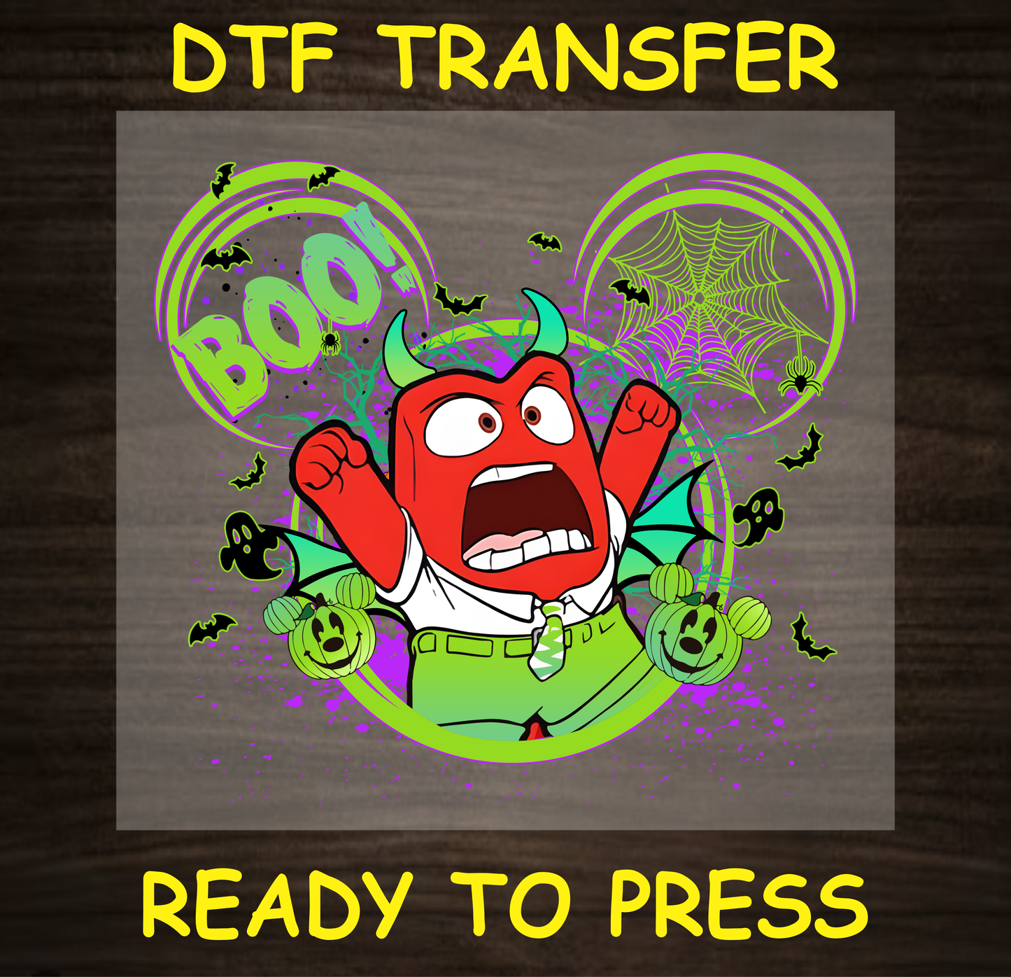 Cartoon Demon BOO! Halloween DTF transfer with red demon character and spooky design.