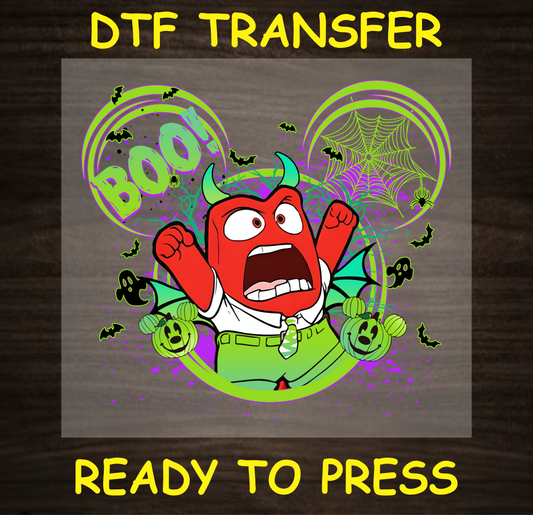 Cartoon Demon BOO! Halloween DTF transfer with red demon character and spooky design.