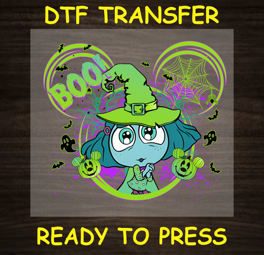 Cute blue witch Halloween DTF transfer with the text 'BOO!' and spooky accents.